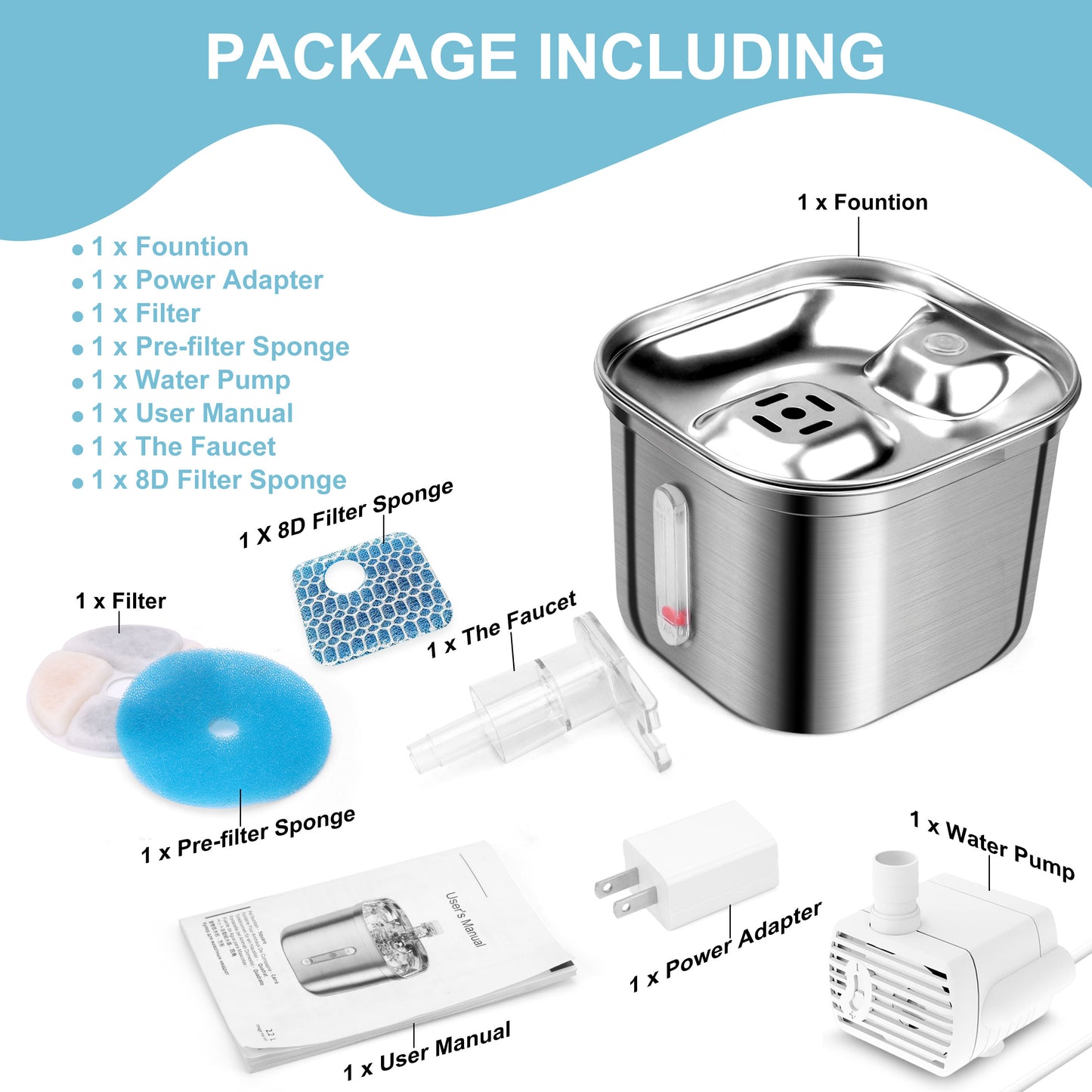 2.2L Stainless Steel Manual Pet Water Fountain Dispenser with Filters
