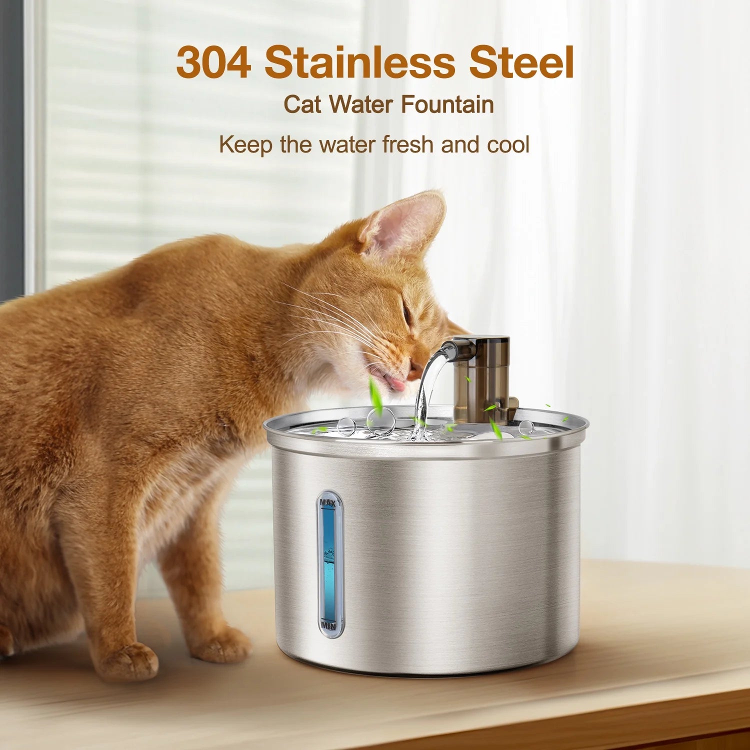 3L/101Oz 304 Stainless Steel Cat Water Fountain, CW-03 Automatic Cat Water Dispenser, Sliver