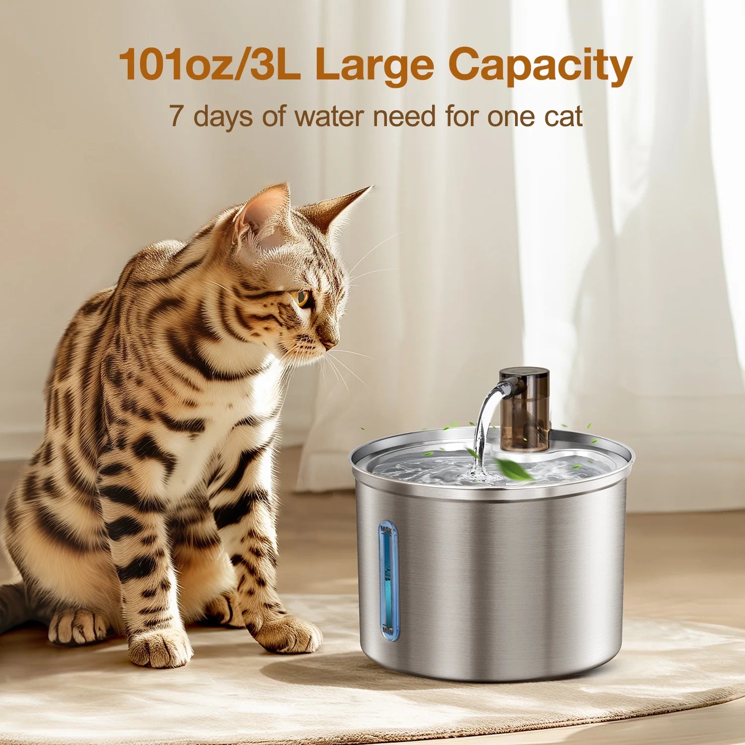 3L/101Oz 304 Stainless Steel Cat Water Fountain, CW-03 Automatic Cat Water Dispenser, Sliver