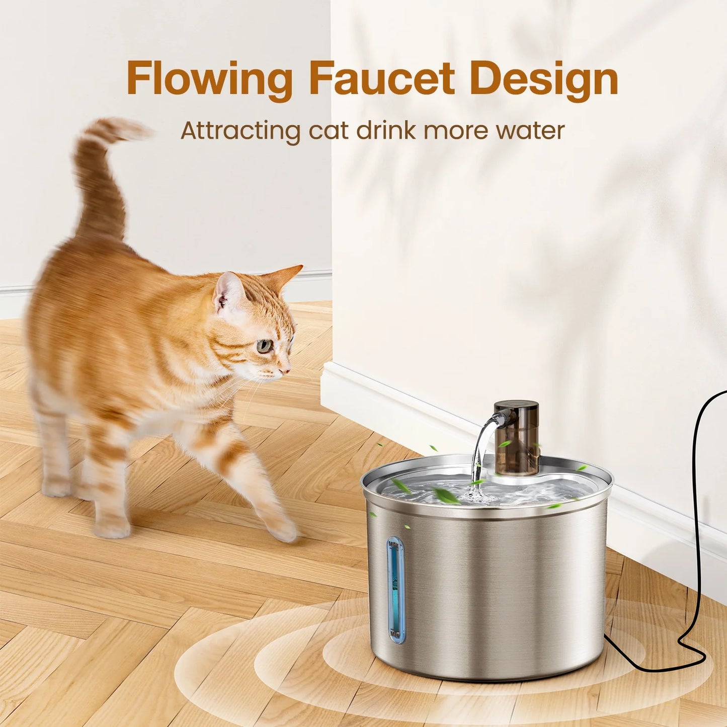 3L/101Oz 304 Stainless Steel Cat Water Fountain, CW-03 Automatic Cat Water Dispenser, Sliver