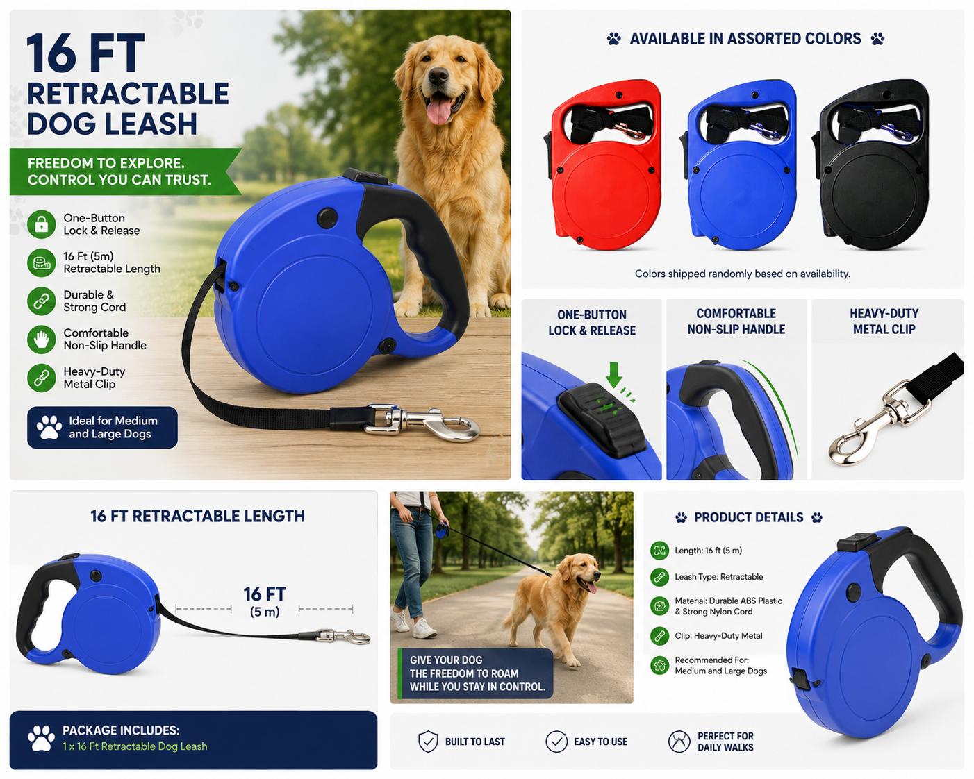 16 Ft Retractable Dog Leash for Medium & Large Dogs