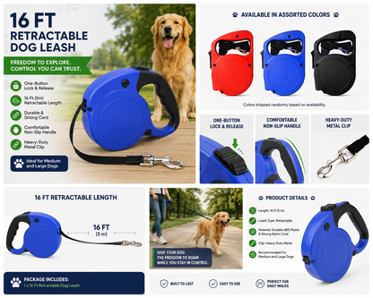16 Ft Retractable Dog Leash for Medium & Large Dogs