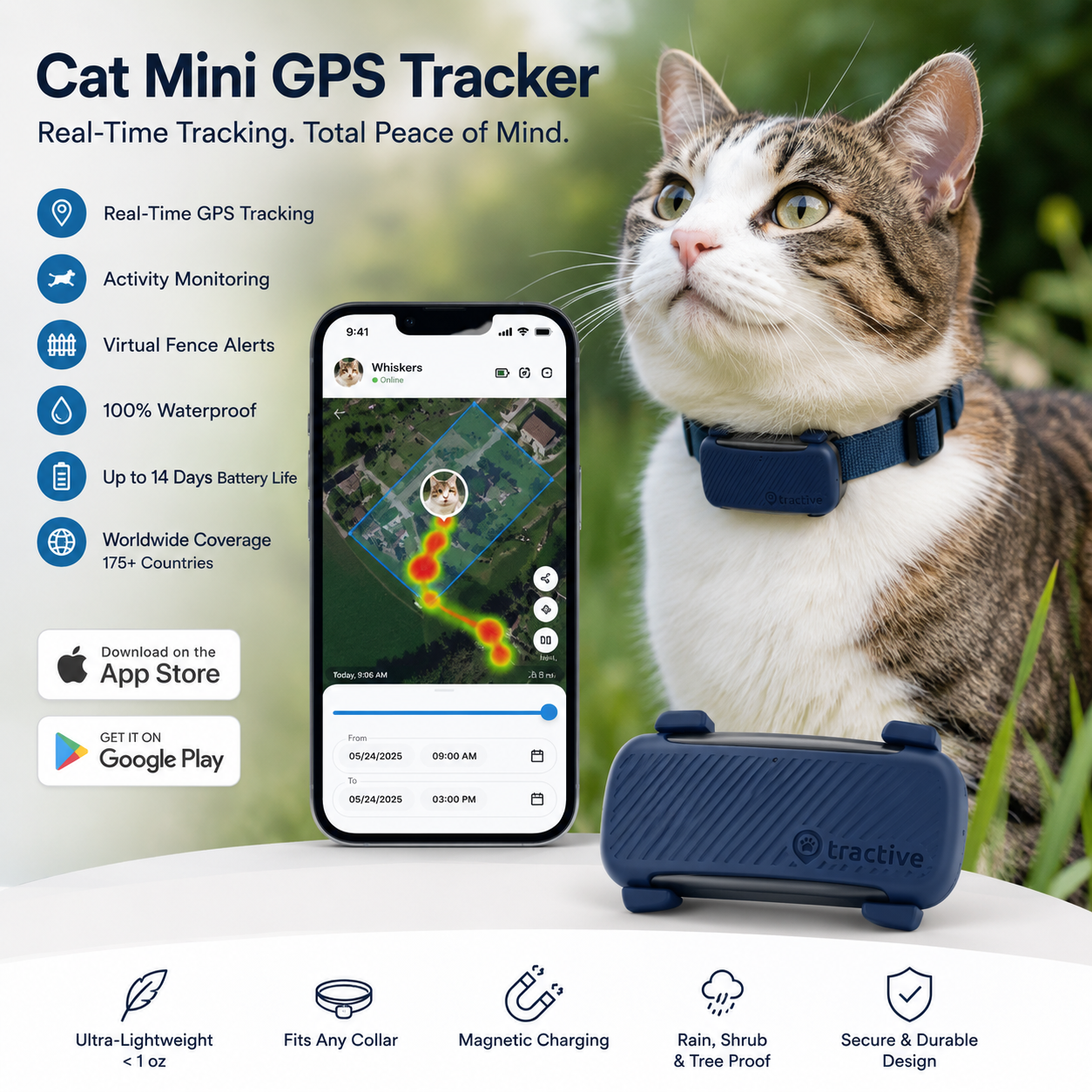 Cat Mini GPS Tracker with Activity Monitoring (Dark Blue)