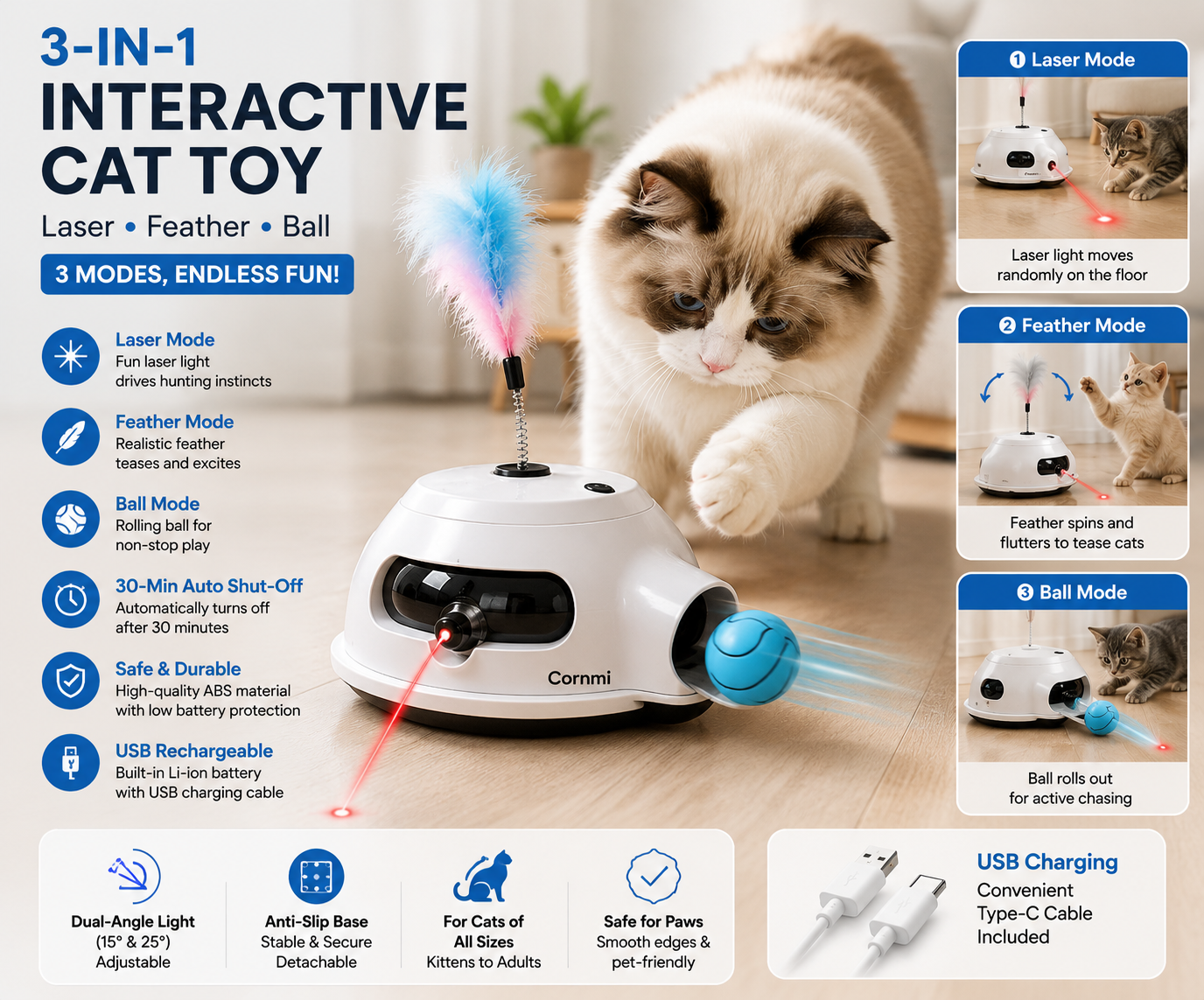 3-in-1 Automatic Interactive Cat Toy with Laser, Feather & Rolling Ball
