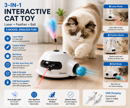 3-in-1 Automatic Interactive Cat Toy with Laser, Feather & Rolling Ball