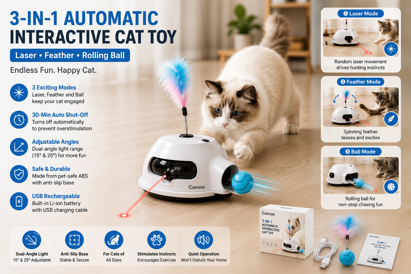 3-in-1 Automatic Interactive Cat Toy with Laser, Feather & Rolling Ball