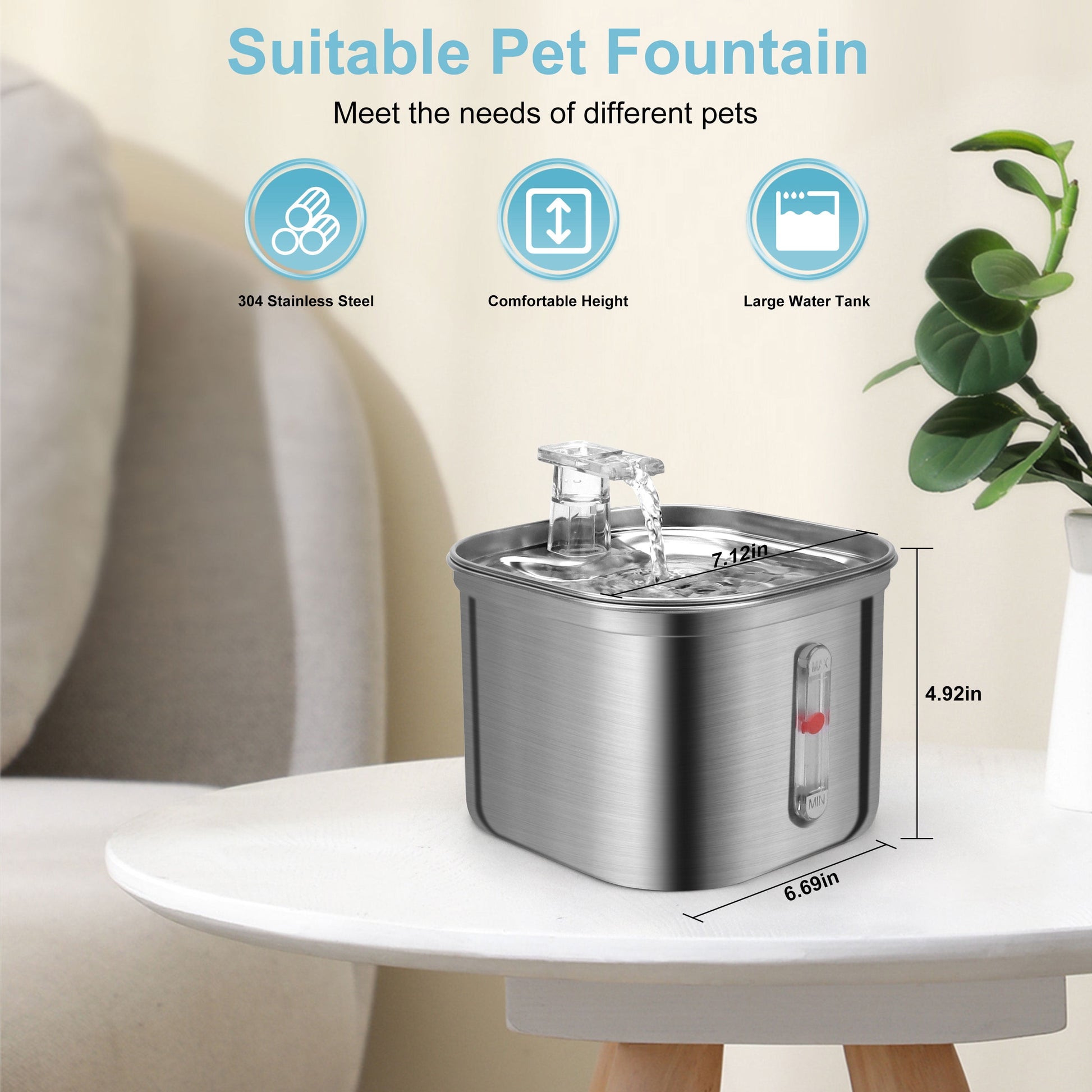 2.2L Stainless Steel Manual Pet Water Fountain Dispenser with Filters