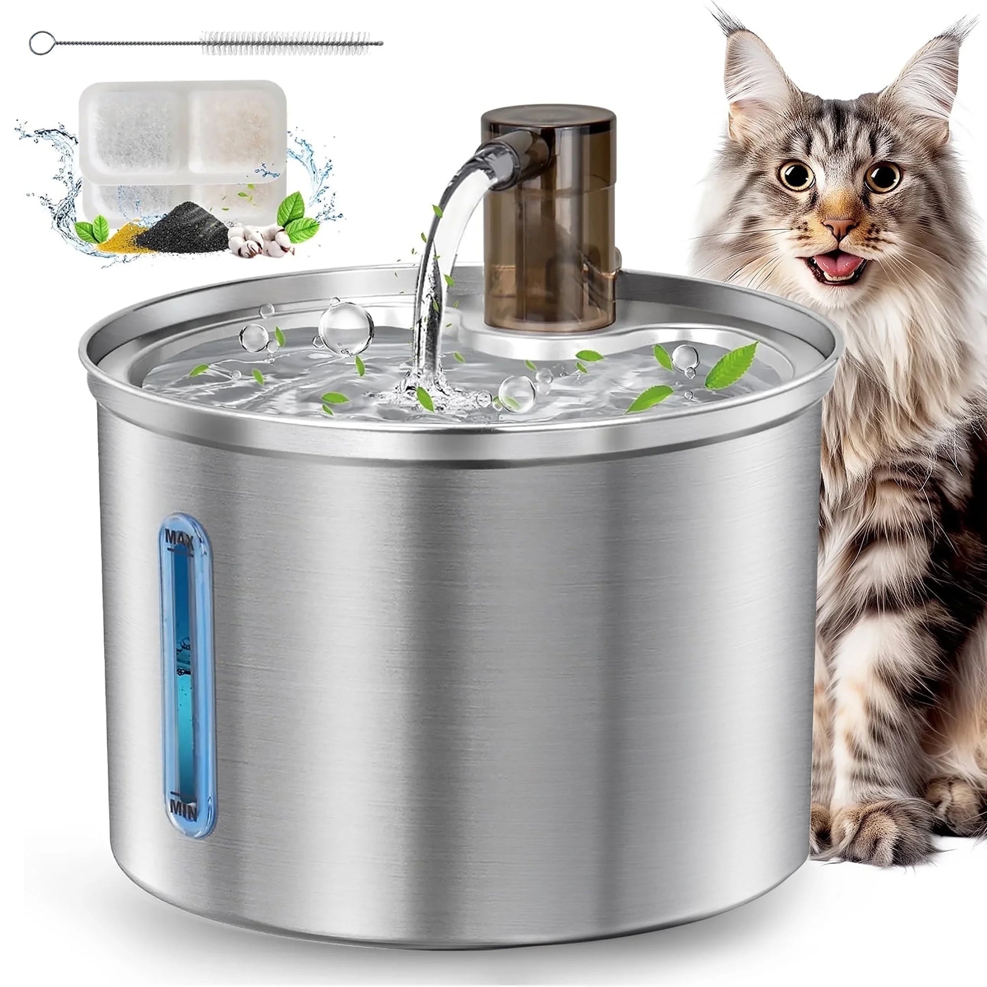 3L/101Oz 304 Stainless Steel Cat Water Fountain, CW-03 Automatic Cat Water Dispenser, Sliver